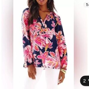 Lilly Pulitzer Elsie Silk Floral Blouse Size XXS Pink, Navy & White NWOT